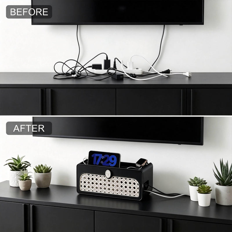 Faux Rattan Cable Management Box, Black | Decorative Power Strip Cover with Lid, Large Cord Organizer, For Surge Protector