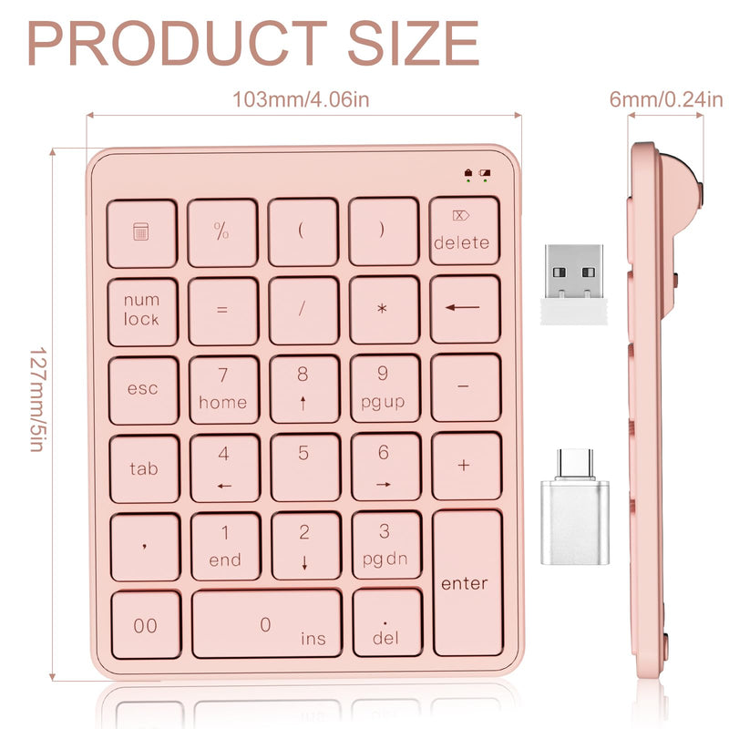 Wireless Number Pad with USB to USB-C Adapter, Numeric Keypad Numpad 28 Keys Portable 2.4 GHz Accounting Number Keyboard, 10 Key USB Keypad for Laptop, PC, Desktop, Surface Pro, Notebook - Pink