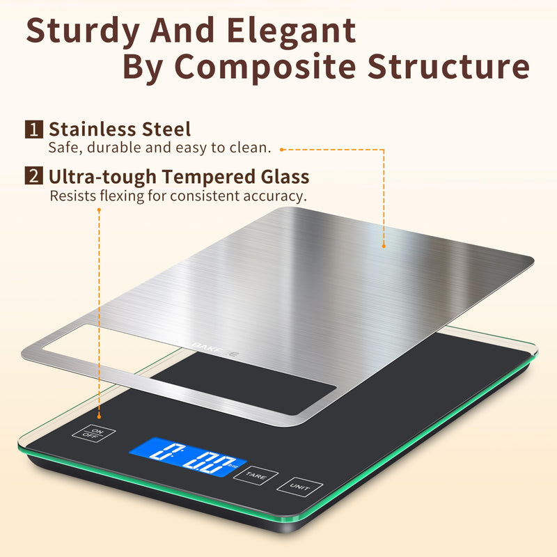 Food Scale, 33lb Digital Kitchen Scale with Stainless Steel & Tempered Glass, 1g / 0.05oz Precise Graduation, Waterproof and Sturdy Surface, for Cooking, Baking, Weight Loss, Meal Prep Non-Rechargeable