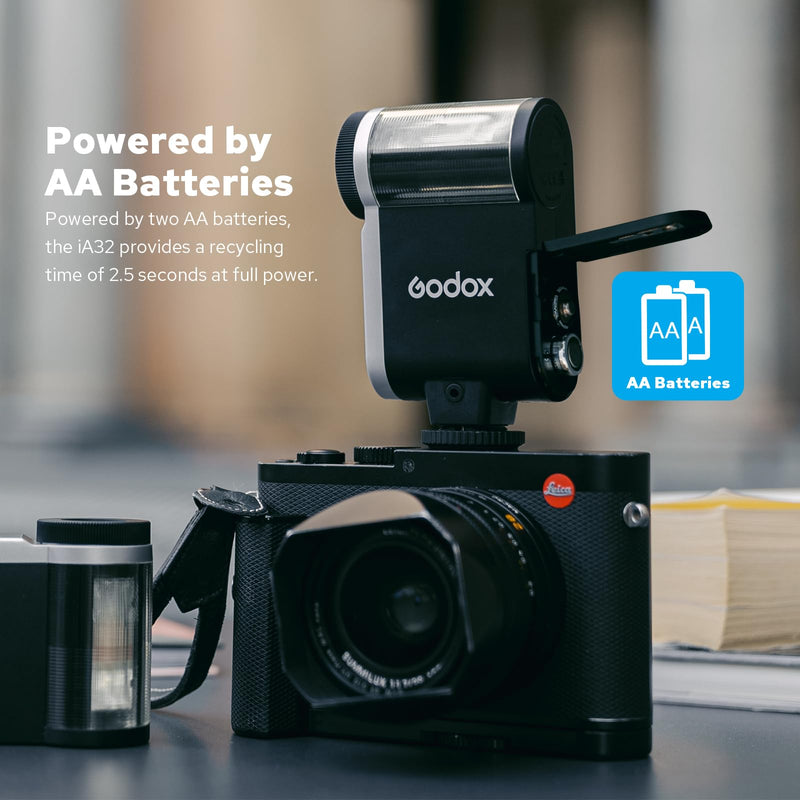 Godox IA32 Mini Flash Speedlite GN15 Output 490 Full-Power Flashes -7°~90° Adjustment, 8 Power Levels Auto/Manual Modes, 2×AA Battery - Powered Compatible with Canon/Nikon/Sony/Fujifilm/Olympus Camera Godox IA32