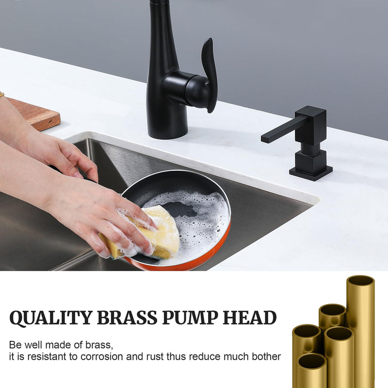 Sink Soap Dispenser for Kitchen Sink (Matte Black), All Brass Built-in and Refill from Top Design,Metal Hand Soap & Dish Soap Copper Pump Matte Black