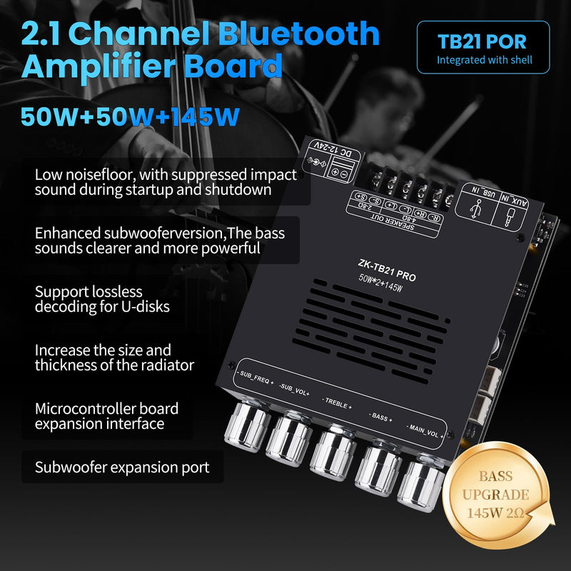 Bluetooth Audio Amplifier Board, ZK-TB21PRO 2.1CH 50W×2+145W Subwoofer Amp | with USB Lossless Decoding, SOP8/DIP8 Dual Package, Mic & Subwoofer Expansion Ports, Enhanced Heat Sink