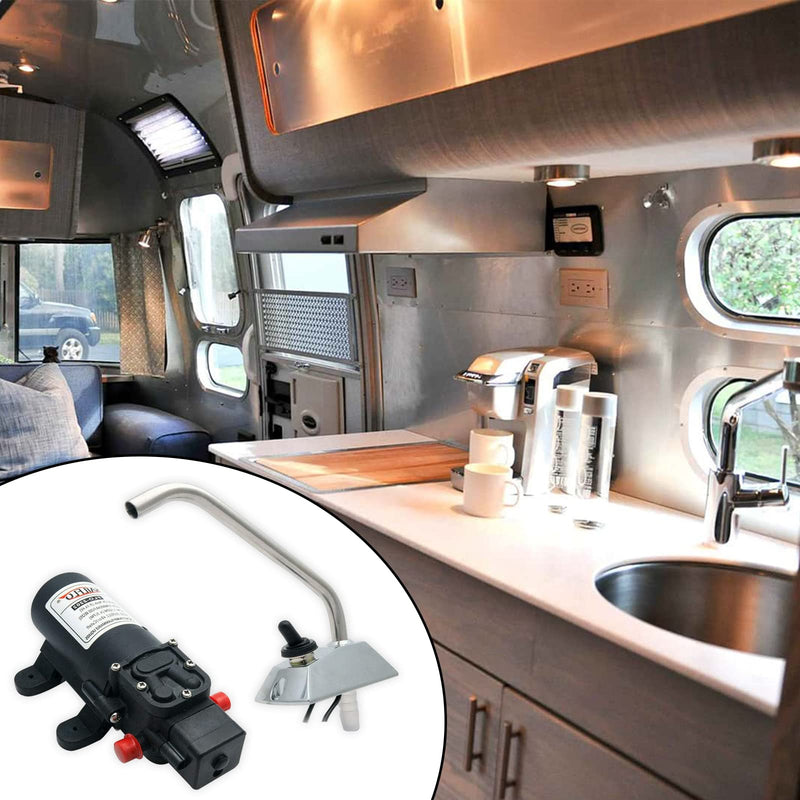 12v Water Pressure Diaphragm Pump 4.3 L/min 1.1 GPM 35 PSI with 360°Spin Faucet/Tap - Caravan RV Marine Boat