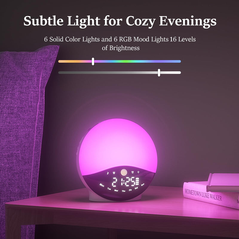  [AUSTRALIA] - Wake Up Light Sunrise Alarm Clock for Bedrooms, Rechargeable Sound Machine Night Light, 28 Sleep Sounds, 12 Colors, Dual Alarms, White Noise Sound Machine for Baby and Adults