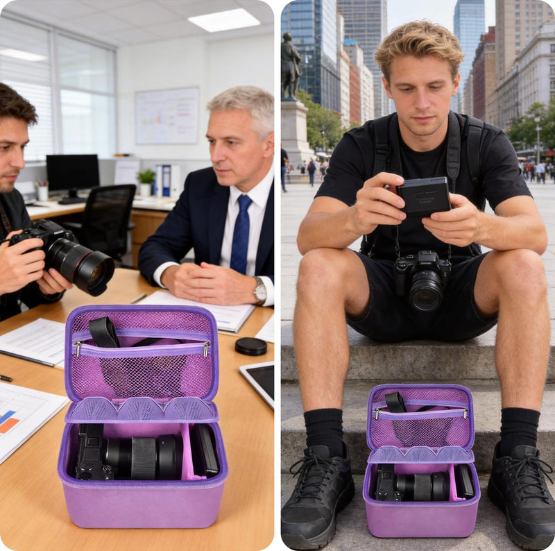 casmilee Mirrorless Camera Case for Sony a6400/a6700/a6100/a6000 | Adjustable Dividers, Padded Multi-Layer Protection, Lens and Accessory Storage, Shoulder Strap, Case Only, Purple