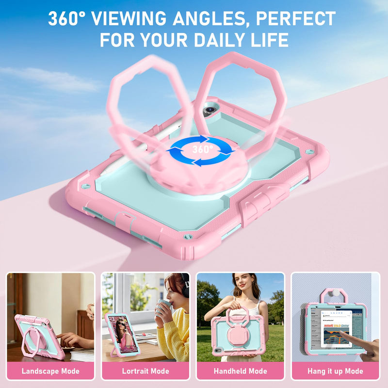 Case for iPad (A16) 11th/10th Generation 11"/10.9" 2025/2022, Pink Mint | Full-body Heavy Duty iPad A16 Case for Adults Kids with Screen Protector, 360° Rotating Stand, Shoulder Strap, Pencil Holder Pink+Mint