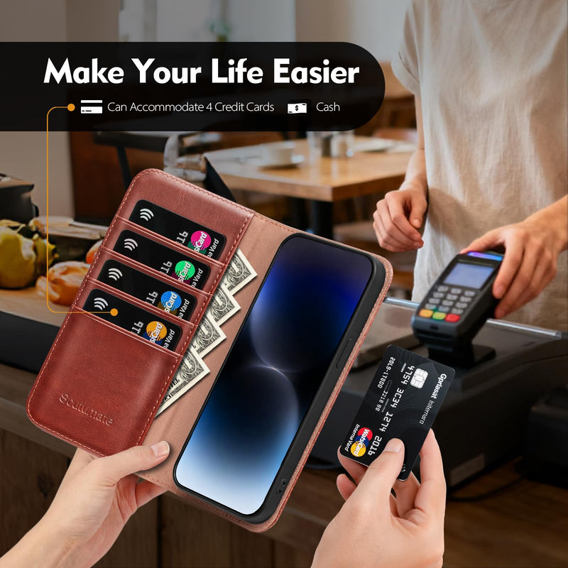 Compatible with Samsung Galaxy S25 Ultra Case Wallet with Card Holder [4 Card Slots] Kickstand [RFID Blocking] PU Leather Phone Case Flip Folio Protective Cover TPU Shockproof,Brown Brown