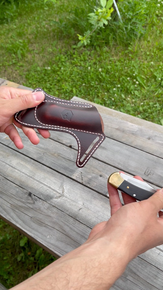 Leather Knife Sheath for Belt (Premium Leather) - Knife Holder for Belt with Side Draw Pocket for Folding Knife and EDC Gear (Extra Dark Brown) by ATQANA®