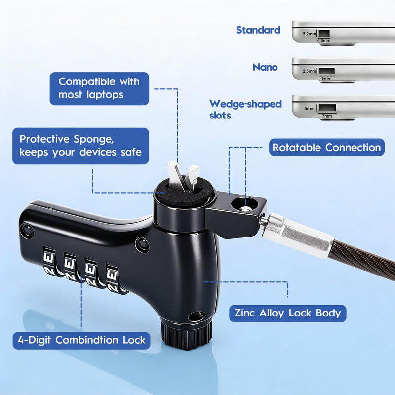 Laptap Lock,Universal 3-in-1 Laptop Lock with Combination Code,Anti-Theft Security Cable Compatible with Standard, Nano and Wedge Slots, Suitable for Students & Office Workers