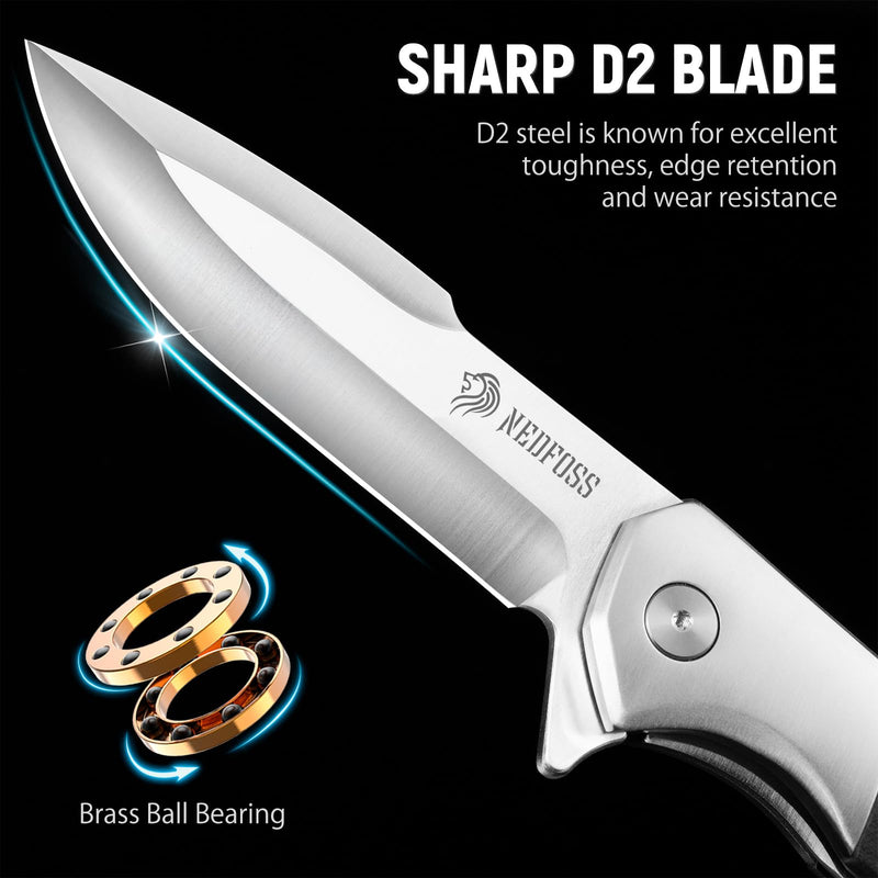 NedFoss Beast Large Pocket Knife for Men, 4" D2 Steel Blade, G10 Handle | Liner Lock, Heavy Duty, 8.25oz, Brass Ball Bearing, Folding Tactical Knife with Clip for Hiking Camping Gifts for Men Women Silver - 4"
