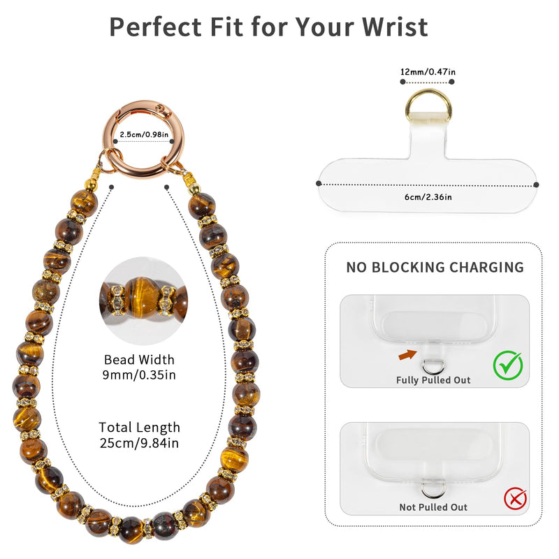 Natural Stone Phone Wrist Strap, Cell Phone Charm Bracelet Wristlet | Brown & Gold Beaded Phone Lanyard with Tether Tab for Women Men Daily Use, Strong Wire, Anti-Drop, Chain for Phone, Keychain Minimal Earth Brown Stone