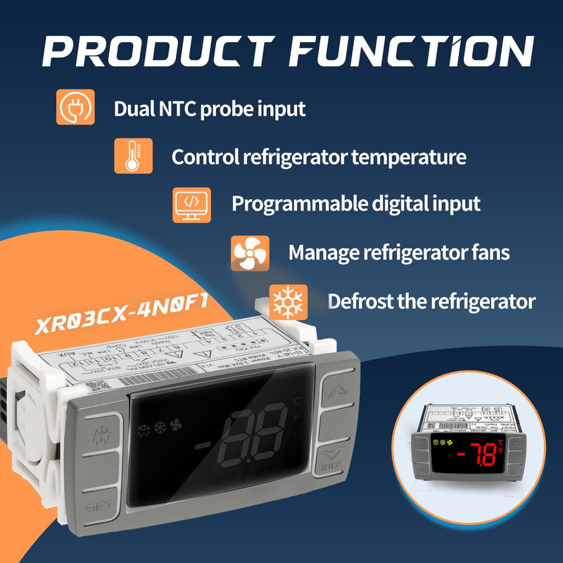 XR03CX-4N0F1 Temperature Controller with Sensor Probe, 120V Digital Thermostat Controller Compatible with Dixell Programmable Refrigerators/Freezers, Single NTC Probe + Alarm Relay XR03CX-4N0F1