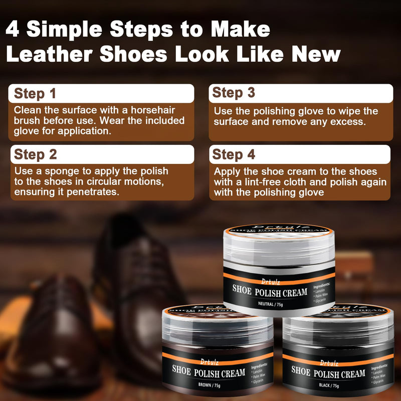 15Pcs Shoe Shine Kit for Men – Gift with Mink Oil & Saddle Soap, 3 Horsehair Brushes, Black/Brown/Neutral Polish – Leather Boot Care Kit with Sponges & Cloth – Complete Cleaning & Conditioning Set