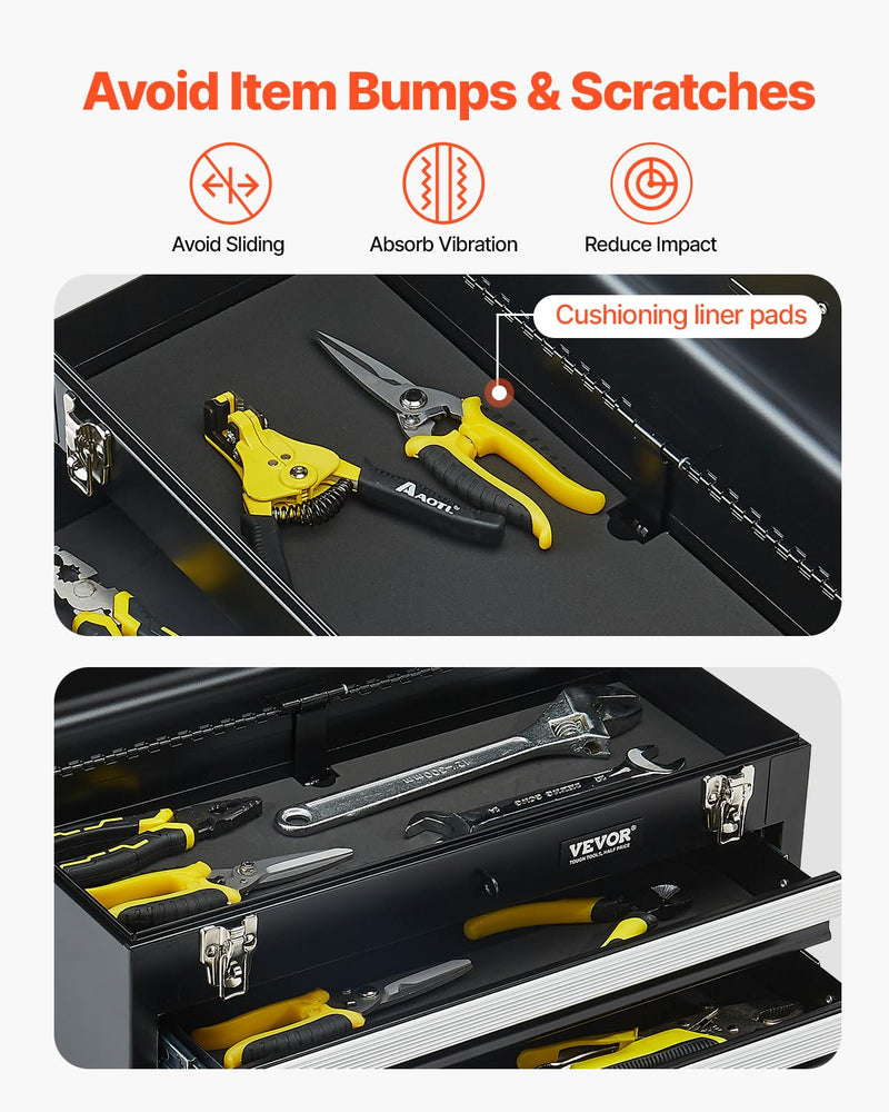 VEVOR Metal Tool Box, 20.5-inch, Portable Metal Tool Box with 3 Drawers, Small Tool Chest with EVA Liners, Ball Bearing Slide Drawers Locking & Powder Coated Finish, Multi-Function Tool Organizer Black-3 Drawer 20 in
