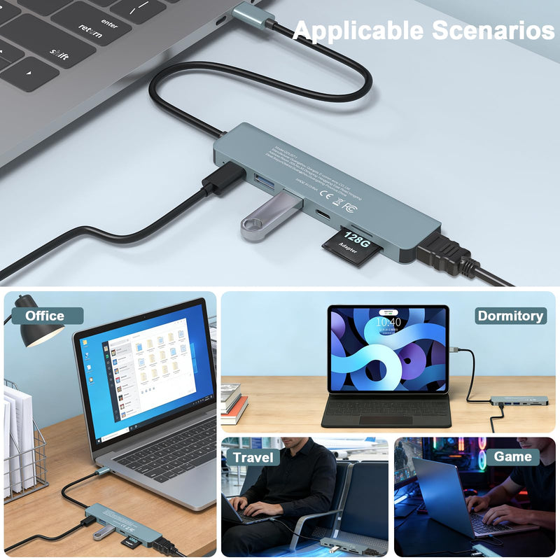 USB C Hub for MacBook Dell HP ASUS, 7-in-1 USB-C Adapter with 4K HDMI Output/87W PD Fast Charging/5Gbps USB3.0/USB2.0/SD TF Card Reader-Compact USB-C Dongle for Business Trip Office Home