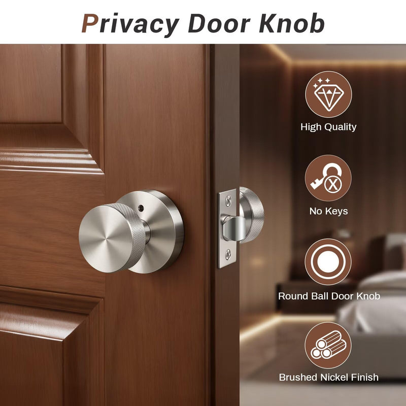 Knobonly 1 Pack Satin Nickel Door Knobs Interior, Privacy Door knobs with Lock, Round Door Knobs for Bedroom and Bathroom, Silver Door Handles Zinc Alloy