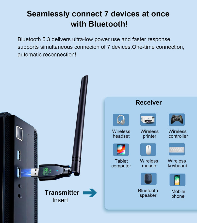 WiFi Adapter,USB WiFi 6 Adapter for Laptop PC,2-in-1 Bluetooth 5.3(EDR+BLE),900Mbps Dual Band (2.4GHz+5GHz), 5dBi High Gain Antenna,Plug-and-Play for PC/Laptop/Printers (Win 10/11)