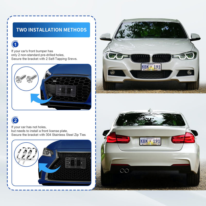 Front License Plate Bracket Holder, 2 Drill License Plate Mount, Universal Bumper Car Tag Frame Mounting kit