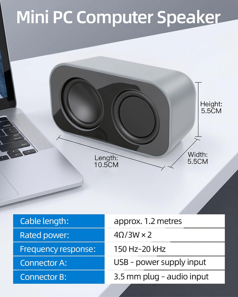 GELRHONR Computer Speakers for Desktop PC, 2×3W Small Stereo Speakers,USB Powered with 3.5mm Aux and Volume Control,Plug and Play for Laptop,Tablet 1.2M,Grey