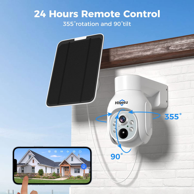 Hiseeu Solar Security Camera Outdoor, 4MP Wireless WiFi Camera, PTZ 360° View, PIR Motion Detection, Color Night Vision, IP66, 2-Way Audio, Compatible with Alexa WTD403us
