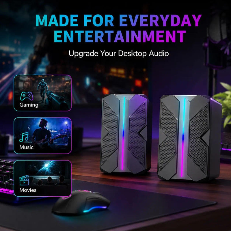 USB Computer Speakers with RGB Light, Compact Stereo Desktop Audio | Clear stereo sound with enhanced bass feel for music, movies, videos, meetings, and casual gaming.