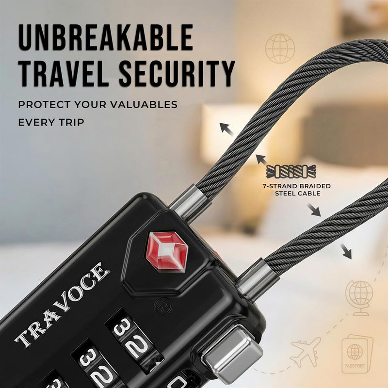 TSA Approved Luggage Locks, Combination Cable Locks, 6 Pack, Black | Search Alert shows TSA key access; resettable 3-digit code and flexible braided steel cable for suitcases and backpacks. 1.4*0.72*3.54 in Black 6 Pack