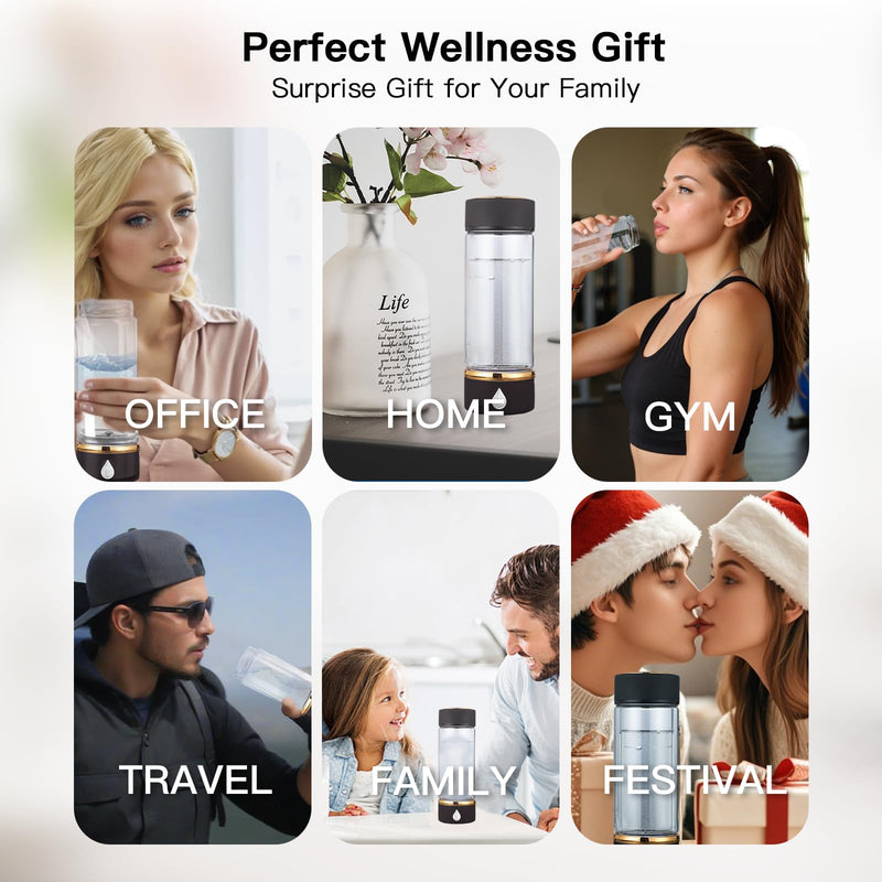 Hydrogen Water Bottle with SPE/PEM Tech - Portable Molecular H2 Water Generator for High-Concentration Alkaline Water - USB-C Rechargeable, 14oz Glass Cup for Home, Office, Gym, Travel