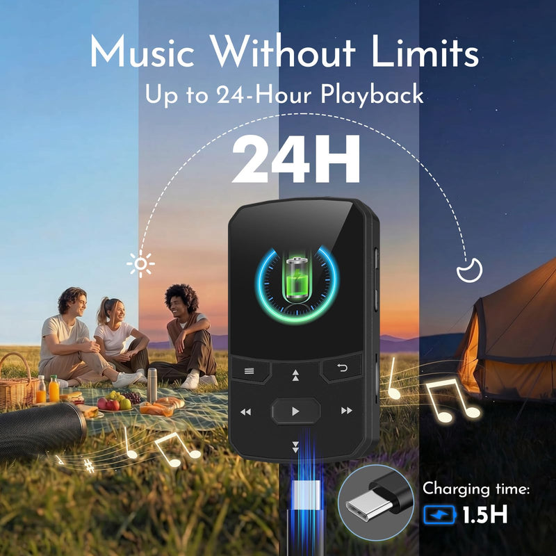 RUIZU 64GB Clip MP3 Player with Bluetooth 5.3 Auto-Reconnect, Weighs 1 oz | Portable Music Player for Sports Running, Physical Button, FM Radio, Voice Recorder, 1.5" Screen, Support 128GB microSD Card Black