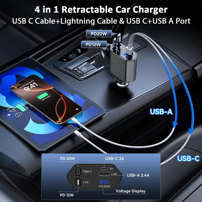 66W 4 in 1 Retractable Car Charger,2Pack Car Charger USB Fast Charge with Dual Retractable USB C Cable and Lightning Cable,USB C Port and USB A Port Charging Compatible with iPhone 17/16/15/14/13/12