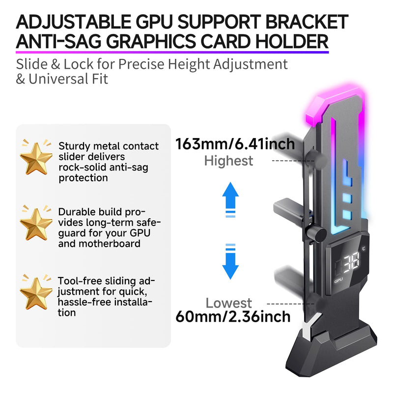 ARGB GPU Support Bracket with CPU & GPU Temp/Usage Display, Adjustable Height GPU Sag Bracket with Magnet & Non-Slip Base for Video Card, Universal Graphics Card Support, 5V3PIN RGB GPU Brace