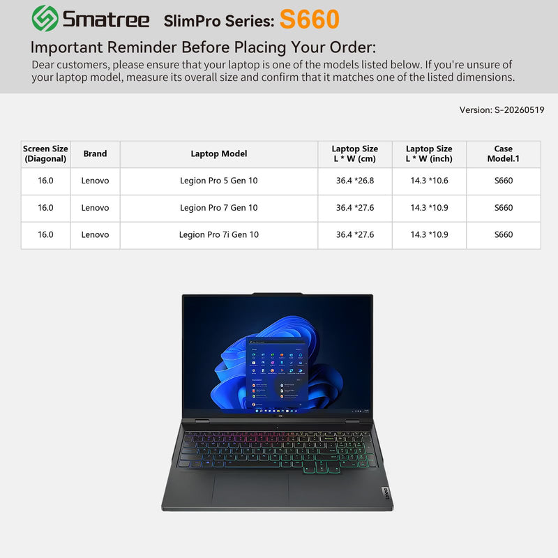 Smatree SlimPro Laptop Case for 16 inch Lenovo Legion Pro 5 Gen 10 | Compatible for 16 inch Lenovo Legion Pro 7/7i Gen 10, Case with Accessory Pocket, Patented Super-Corner Design (S660) Black for 16 inch Legion Pro 7 Gen10(S660)