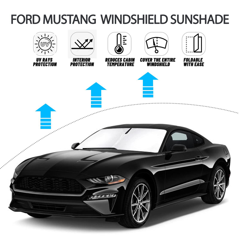 D-Lumina Windshield Sun Shade for 2015-2025 Fo-rd Mustang Accessories (NOT for Fo-rd Mustang Mach-E), Front Window Sunshade Sun Visor Protector Block UV Rays Heat, Foldable 2 Layers 210T Material Silver & Black-Fit 2015-2025 Ford Mustang