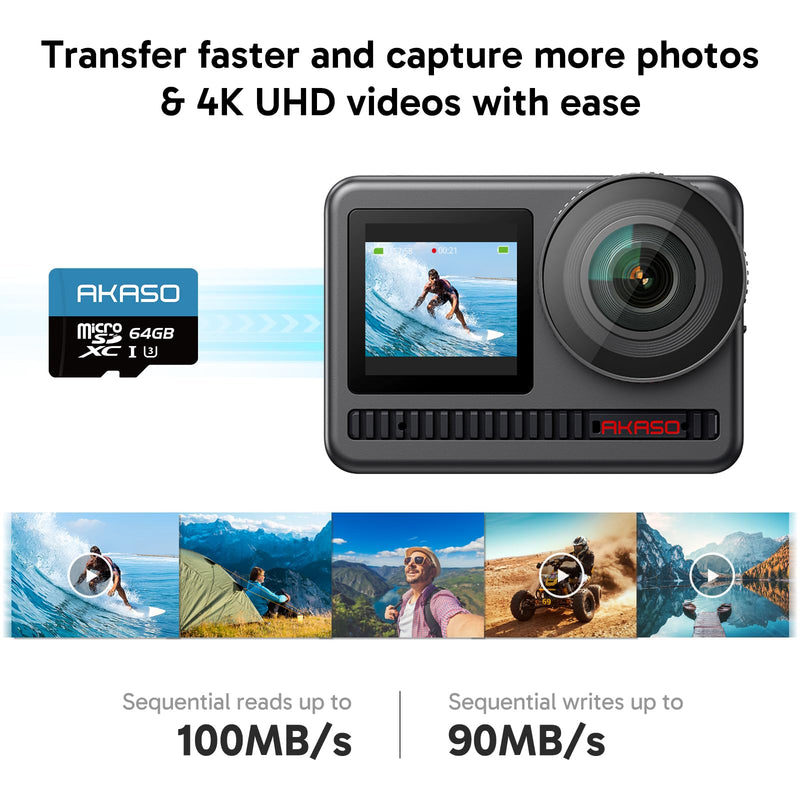 AKASO 64GB microSDXC U3 Memory Card - Up to 100MB/s, UHS-I C10, U3, Full HD, 4K UHD, MicroSD Card