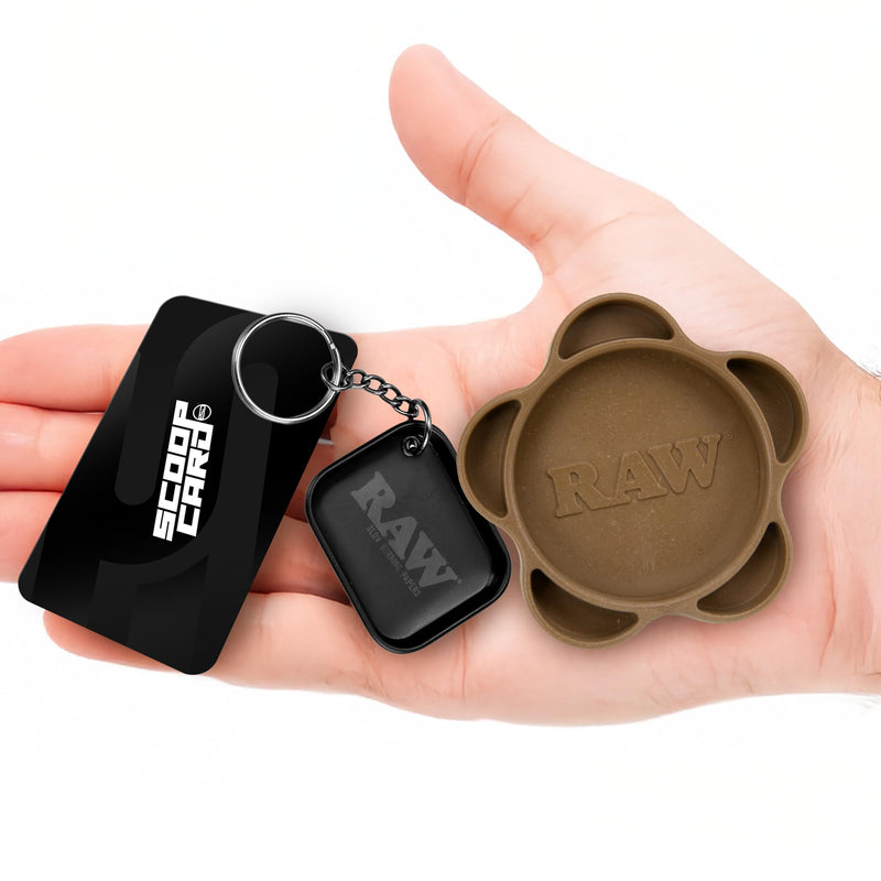 RAW Gripper Grinder - Spice Mill - Medium Grind V2 + RAW Tiny Matte Black Murder'd Tray KeyChain - Unique Collectible Brown