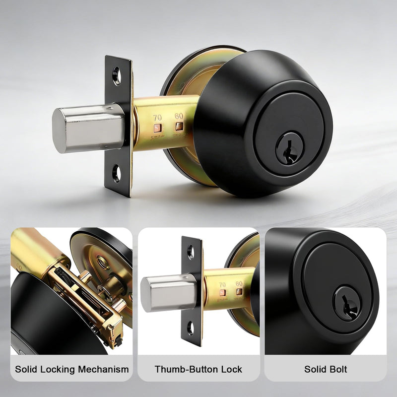 3 Pack Single Cylinder Deadbolts Flat Black, Keyed One Side Deadbolt Lock, Matte Black Interior & Exterior Door Hardware (for Entrance Lock and Front Gate) 3
