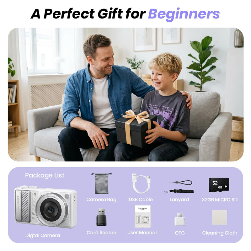 5K Digital Camera for Photography, 2026 Latest 80MP Autofocus WiFi Vlogging Camera for YouTube, 3'' 180° Flip Screen Compact Travel Camera for Beginners with 16X Zoom, 32GB TF Card, Flash (White) White