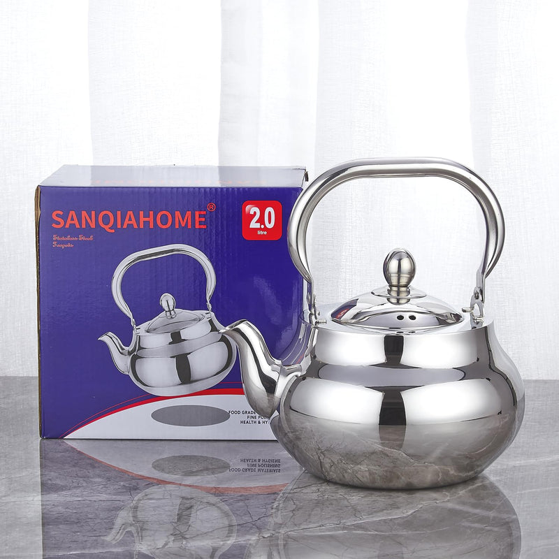 SANQIAHOME Stainless Steel Teapot With Removeable Infuser 71 oz (2000ml) Thickened Mirror Polished Stovetop Tea Maker for Herbal and Infusion 2000ml Silver(J)