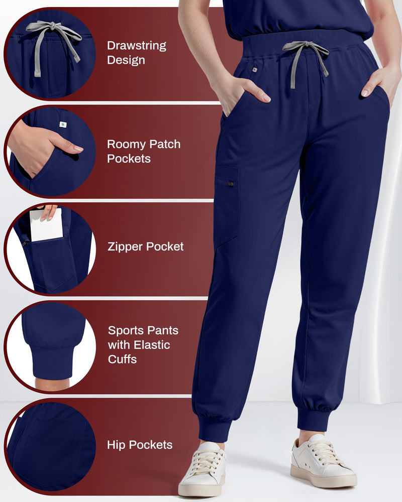 Scrubs for Women Set, Stretchy V-Neck Top & Jogger Pants with Multi-Pocket Yoga Waistband Large Navy Blue
