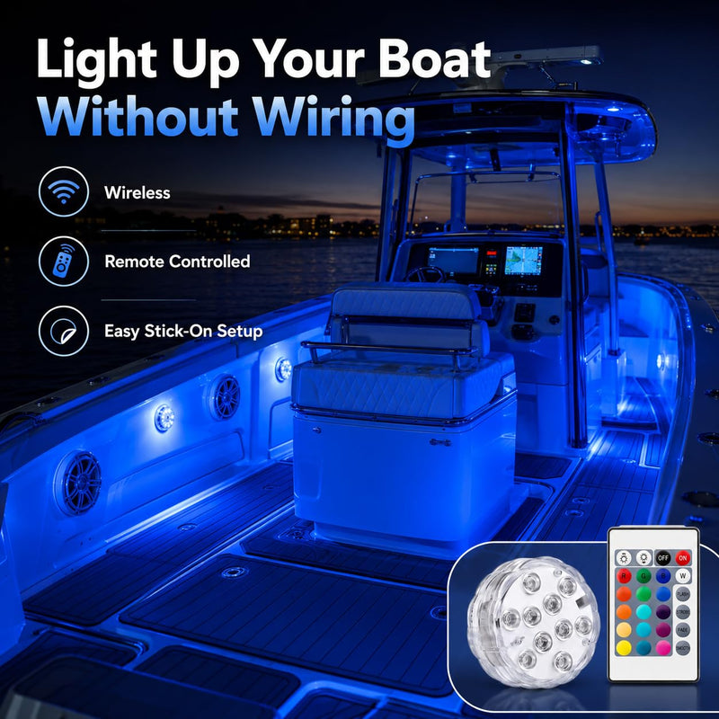 Seaponer Boat Lights Wireless Battery Operated, Waterproof Marine Led Light for Deck Courtesy Interior Lights, Fishing Kayak Duck Jon Bass Boat, RGB Multi Color Remote Controlled, 4pcs