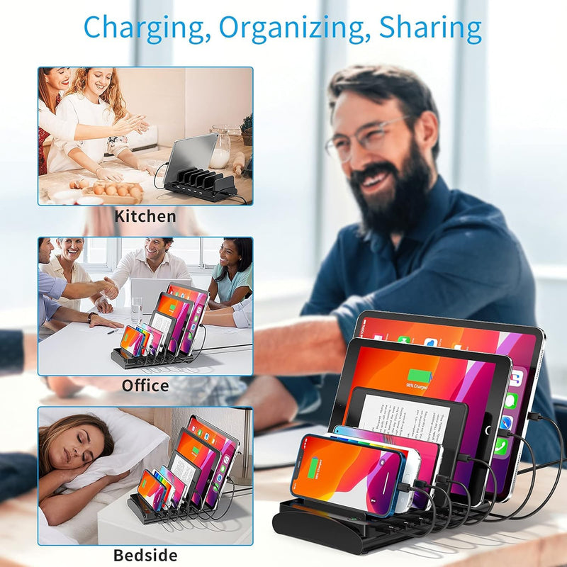 Charging Station for Multiple Devices, Bototek 60W 6 Ports Multi Charger Station for iPhone, iPad, Cell Phone, Tablets, and Other Electronics (6 Ports-Black) 6 ports-black