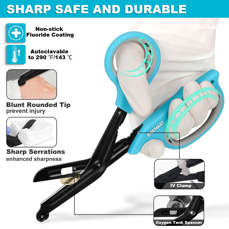 RISEMART Rechargeable Pen Light for Nurses with Trauma Shear, Nurse Scissors and Pen Light Set, 7.5" Medical Scissor and 2 LED Sources Penlight, Nursing Student Essentials (Blue+Blue) Blue+Blue