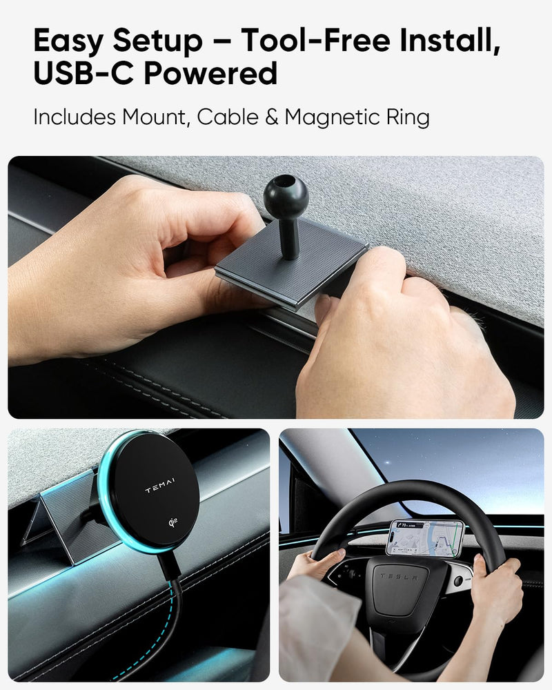 TEMAI Car Mount Charger, 15W MagSafe Wireless Car Charger & Phone Holder for Model Y Juniper(2025)- Strongest Magnetic Fast Charging Accessories Slideable Air Vent Mount with Silicone Pads Slideable Vent Mount + Charging Model Y Juniper(2025)