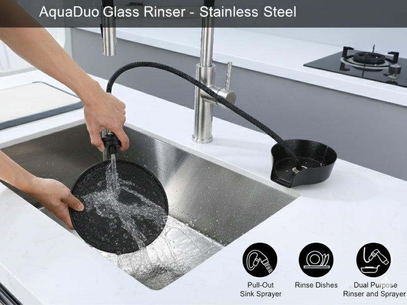 AquaDuo Glass Rinser and Kitchen Sink Sprayer Combo, Stainless Steel Cup Washer, Cup Cleaner, Bottle Washer, Glass Cleaner, Bar Sink Attachment, Pull Out Sprayer (Matte Black (Stainless Steel)) Matte Black (Stainless Steel)