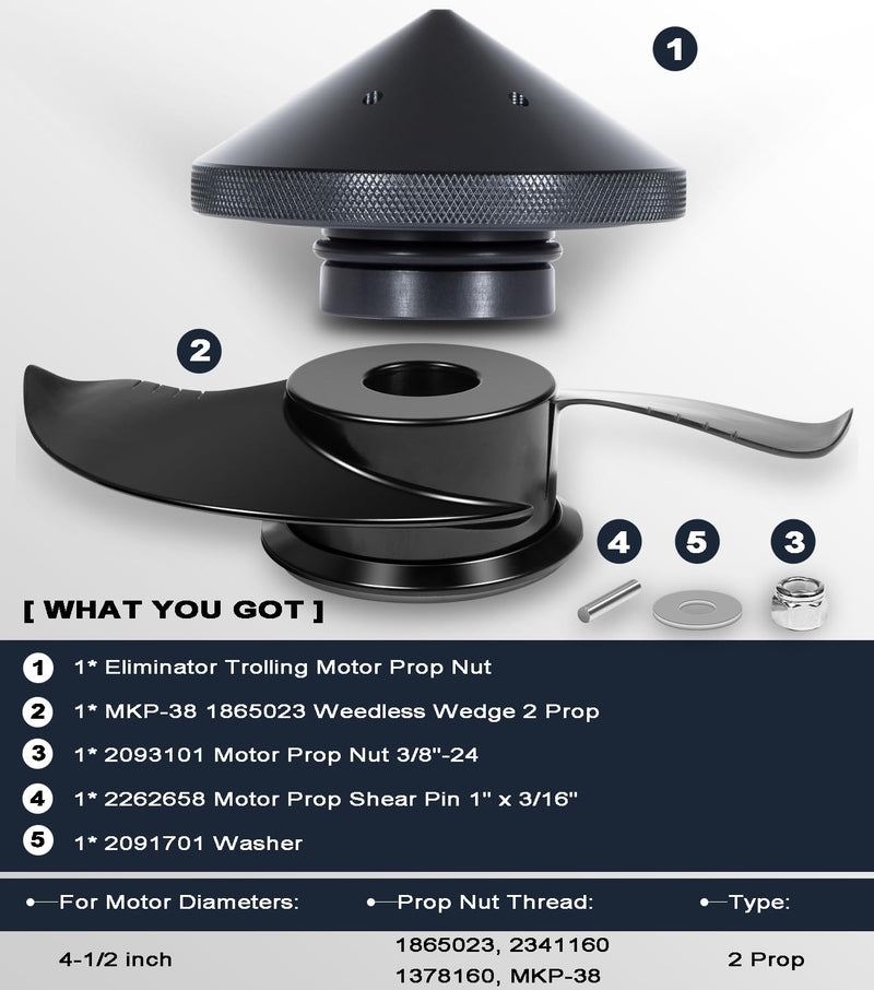 MKP-38 Weedless Wedge 2 Prop & Eliminator Trolling Motor Prop Nut For Minn Kota 112 lb Thrust 4-1/2" Motors, 1865023 Trolling Motor Prop for Minn Kota Ulterra, Fortrex, Terrova, Riptide, Ultrex 112