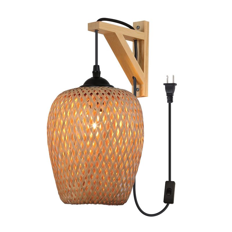 Plug in Bamboo Wall Sconces, Industrial Hand-Woven Rattan Lampshade Hanging Wall Light Fixture with Wood Base, Farmhouse Wall Mounted Lamp for Kitchen Island, Living Room, Bedroom Rattan Lampshade Wall Light