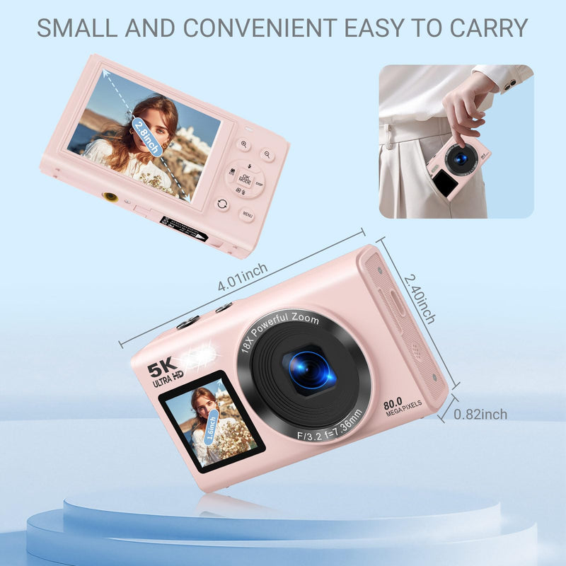 5K Digital Camera for Photography, 80MP Dual Screen Vlogging Camera for YouTube with WiFi, 16X Digital Zoom, Beauty Function, 2.8-inch Screen, Fill Light Includes 32GB Card & 2 Batteries (Pink) Pink
