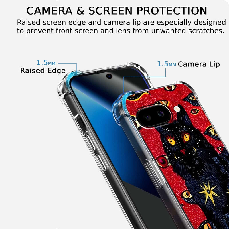 Case for Google Pixel 10a with Hippie Art Design,Trippy Cute Cool Black Cat Pattern,Clear Slim Soft TPU Bumper Phone Cover,6.3”(Cat,P10a)