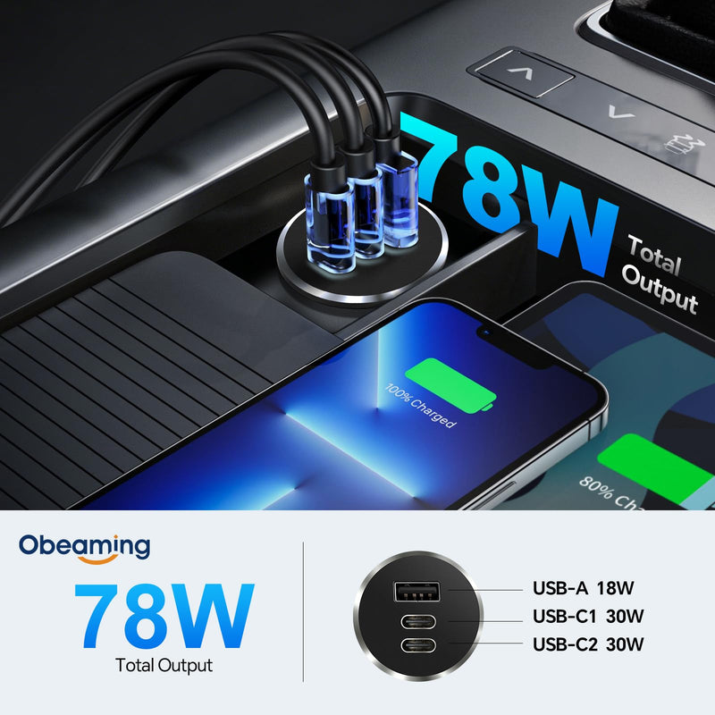 78W 12V USB Outlet with Silver Ring, Aluminum Car USB C Socket | PD3.0 & QC3.0, 3 Port Fast Charging, Mulit-Protection, No Backlight, Low Standby Power, For RV, Boat, Caravan, Camper Trailer 2Pcs