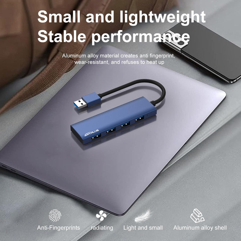 USB Hub, USB 3.0 Hub Aluminum Alloy Ultra Slim USB Splitter, Portable 4 Port USB Extender, USB Hub for Laptop, PC, MacBook, iMac, Surface Pro, Mac Pro, Flash Drive, XPS 【Blue】 0.8 Ft/0.25M Blue-Aluminum Alloy