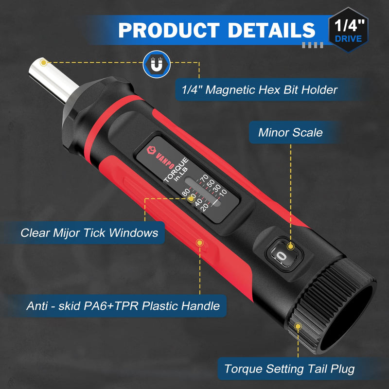 VANPO Torque Screwdriver, 10-80In-lb Torque Screw Driver Wrench Driver Set, 1/4” Drive Inch Pounds Torque Wrench Screwdriver with 60 S2 Bits for Maintenance, Tools, DIY, Bike Repairing and Mounting
